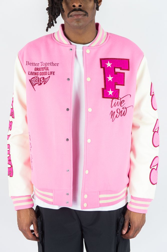 Rebel Minds 'Live And Love' Melton Varsity Jacket (Pink) 152-560 - FRESH N FITTED