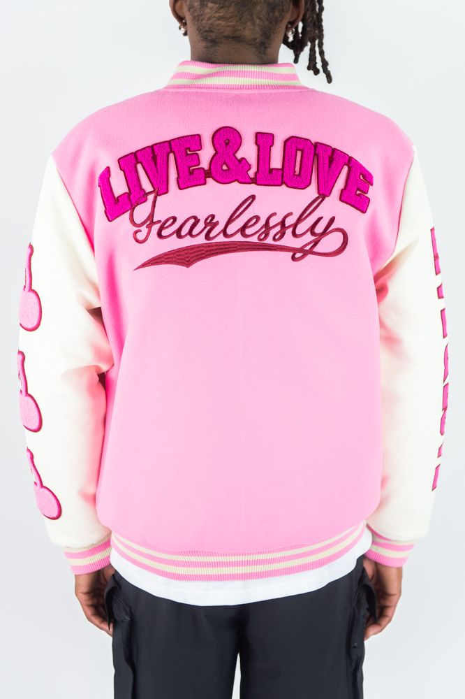 Rebel Minds 'Live And Love' Melton Varsity Jacket (Pink) 152-560 - FRESH N FITTED
