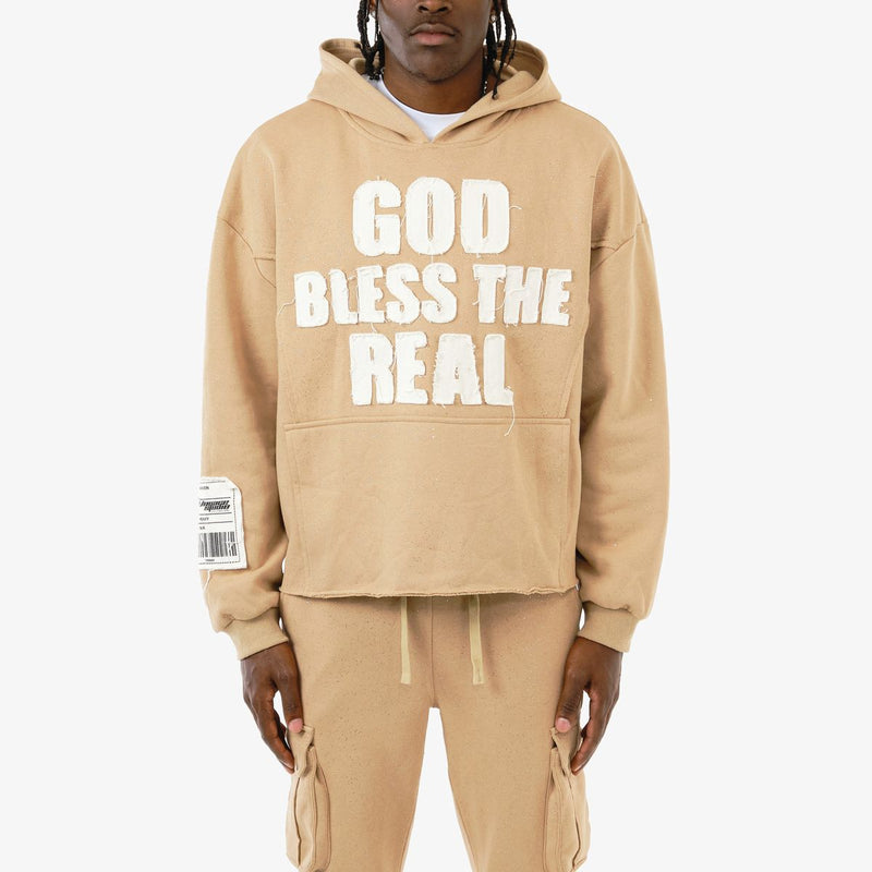 VOYAGE STUDIO 'God Bless The Real' Cropped Hoodie (Khaki) 53J13 - FRESH N FITTED
