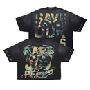 Black t-shirt with colorful graphic design on a white background