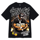 Black t-shirt with graphic design of a person holding money and text on a white background. By Fresh N Fitted.