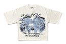 An oversized off-white t-shirt featuring a blue and black graphic print of a boat on a river with the text 'Silent Verse' and 'FAITH FOUND IN SILENCE'. By Fresh N Fitted.