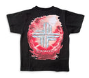 A black short-sleeve t-shirt with a large graphic on the back featuring a silver metallic cross emblem inside a red and pink splattered circular design with the word 'SAINTS' below it. By Fresh N Fitted.