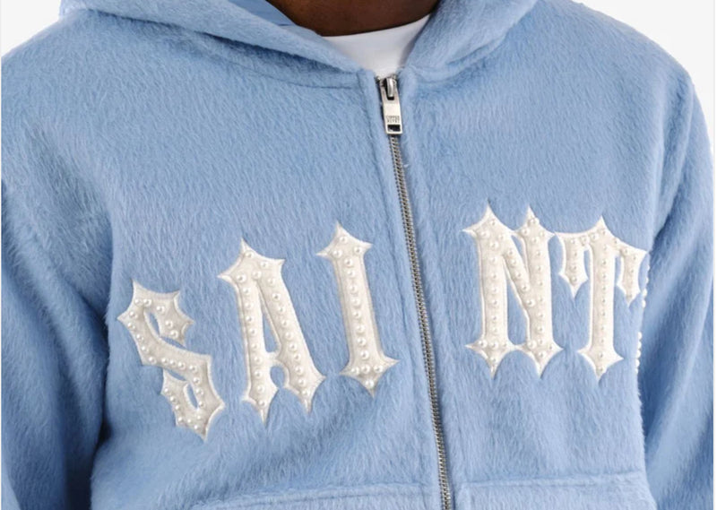 Copper Rivet 'Saints' Mohair Pearl Embroidery Zip Hoodie (Light Blue) 531081 - FRESH N FITTED