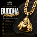A gold Buddha pendant necklace on a dark textured background with promotional text. The pendant is shiny 18K gold-plated and depicts a smiling Buddha figure.