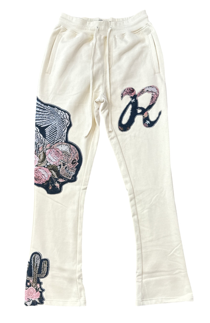 Rebel Denim 'Tapestry Patch' Fleece Stack Flared Sweat Pants (Cream) 642-452