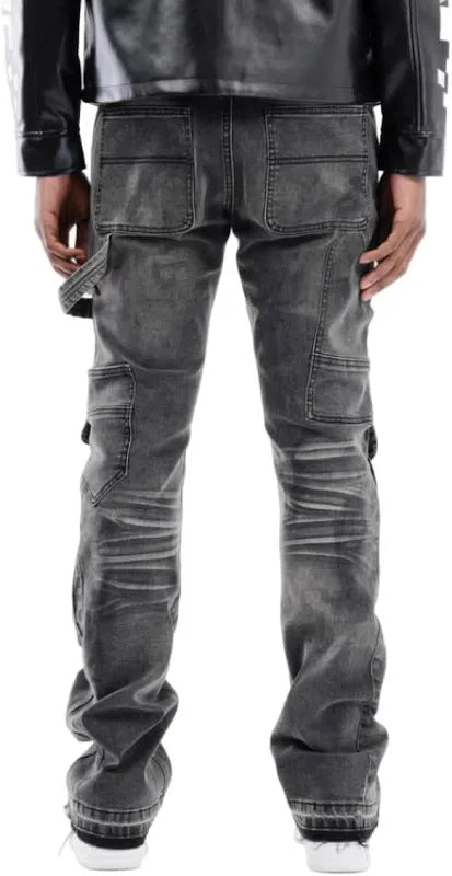 Copper Rivet 'Carpenter' Front Zipper Pocket Flare Denim (Washed Black) 533018 - FRESH N FITTED