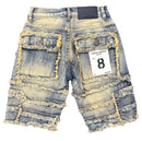 Distressed denim shorts with a brand label on a white background. by Fresh n Fitted