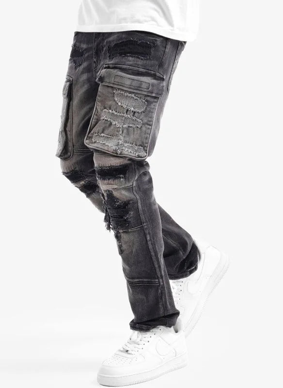 Copper Rivet 'Rip & Repair' Cargo Denim (Black Sand) 533003 - FRESH N FITTED