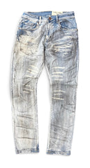 Light wash blue distressed denim jeans with heavy fading, whiskering, and ripped details, shown flat against a white background. By fresh n fitted.