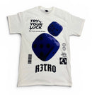 A white short-sleeve t-shirt with a graphic print featuring two blue dice, the text 'TRY YOUR LUCK' and 'R3TRO', displayed on a clean white background. By Fresh N Fitted.