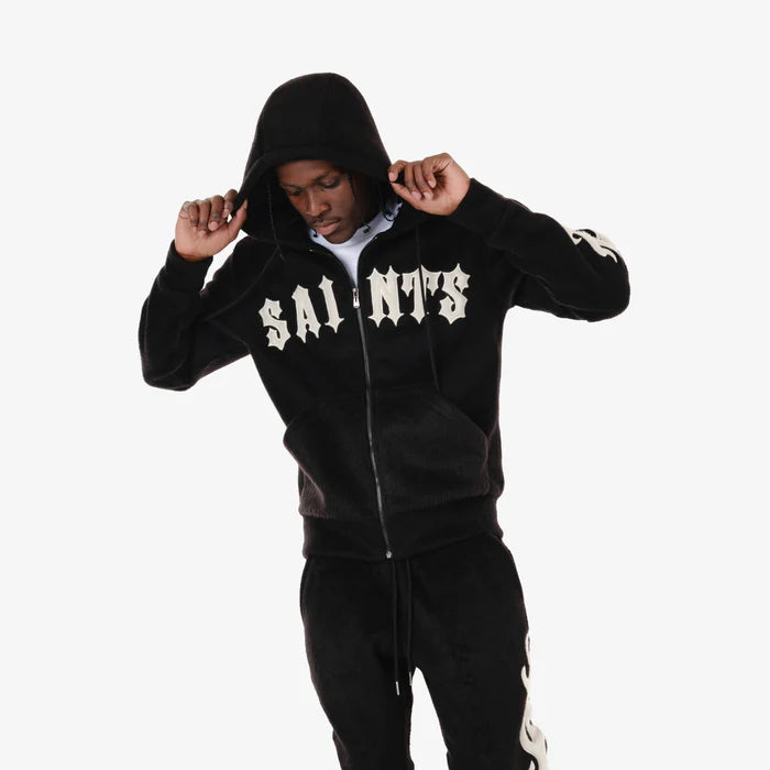 Copper Rivet 'Saints' Mohair Embroidery Hoodie (Black) 431080