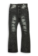 Black flare fit denim jeans by FIRST ROW with allover rhinestone embellishments, showcasing a stylish denim design and rhinestone details.
