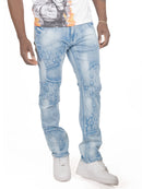 Light blue distressed jeans worn by a person on a white background. By Fresh N Fitted