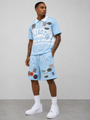 Majestik 'Champion' Rhinestone Rugby Patched Polo Shirt In Light Blue
