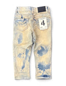 A pair of children's distressed denim jeans shown from the back, featuring a cream and light blue wash with heavy blue bleach-splatter details. A white paper size tag with the number 4 is attached to the back pocket. By Fresh N Fitted.
