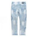 Light blue distressed jeans on a white background. By Fresh N Fitted