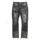 Black distressed jeans with star patterns on a white background. By Fresh N Fitted