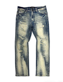 Distressed blue denim jeans with a faded wash and ripped details, shown flat against a white background. By fresh n fitted.
