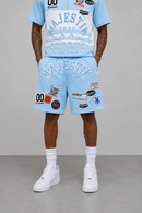Majestik 'Champion' Rhinestone Rugby Patched Shorts In Light Blue