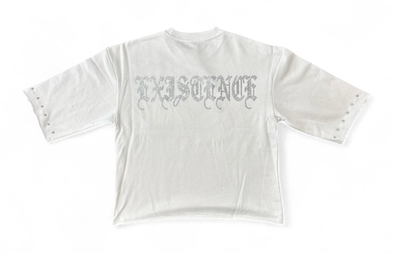 Highly Undrtd 'UN Existence' 3/4 Sleeve Rhinestone Cropped T-Shirt (White) HF5504 - FRESH N FITTED
