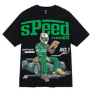Black t-shirt with a racing driver graphic and 'Speed Maker' text on a white background. By Fresh N Fitted.