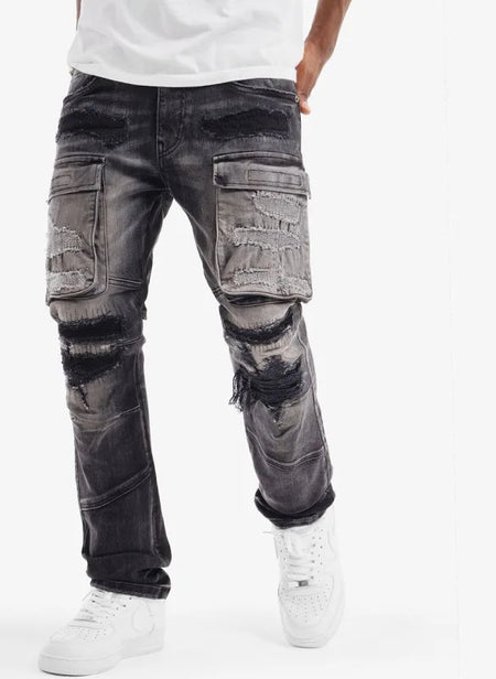 Copper Rivet 'Rip & Repair' Cargo Denim (Black Sand) 533003 - FRESH N FITTED