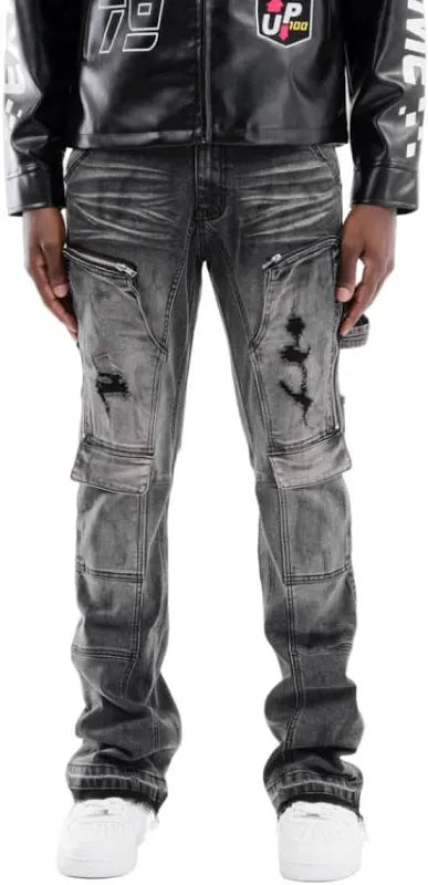 Copper Rivet 'Carpenter' Front Zipper Pocket Flare Denim (Washed Black) 533018 - FRESH N FITTED