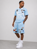Majestik 'Champion' Rhinestone Rugby Patched Polo Shirt In Light Blue