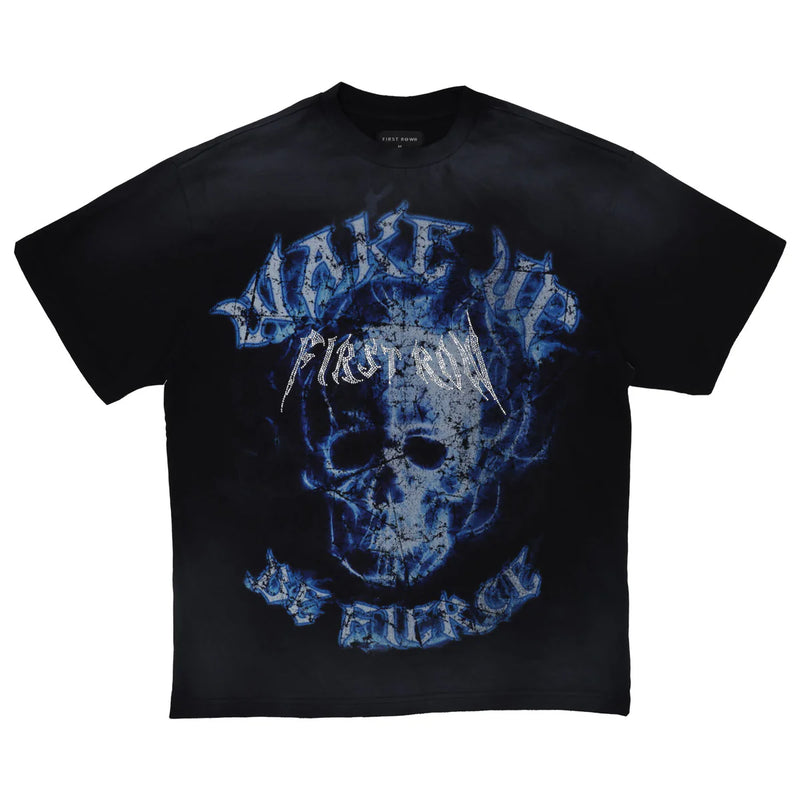 First Row 'Wake Up And Be Fierce' Flame Skull Washed T-Shirt (Black) FRT2157A