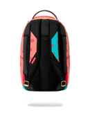 A Sprayground backpack shown from the back, featuring a black padded back panel with straps and a vibrant multicolor front pattern of pink, orange, and turquoise with polka dots.