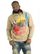 Man wearing a beige hoodie with angle design and text on a white background. By Fresh n Fitted.