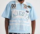 Majestik 'Champion' Rhinestone Rugby Patched Polo Shirt (Light Blue) SH26105