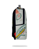 A vertical sprayground backpack available at fresh n fitted, with a white base and a colorful abstract graphic print featuring green, yellow, red, and pink details, shown against a plain white background.