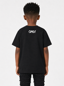 A child model shown from the back wearing a black short-sleeve t-shirt with 'OMG!' printed in white on the upper back, paired with black distressed jeans against a light gray studio background.