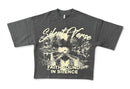 A charcoal gray short-sleeve graphic t-shirt featuring the band name 'Silent Verse' in a cream-colored script font, with a distressed graphic of a train track and the text 'FAITH FOUND IN SILENCE' printed below it. By Fresh N Fitted.