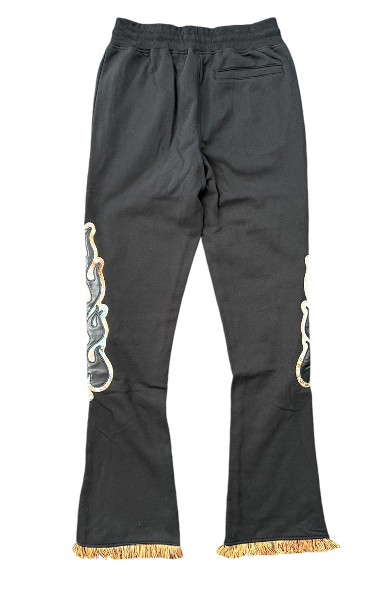 Rebel Denim 'Tapestry Patch' Fleece Stack Flared Sweat Pants (Black) 642-451