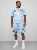 Majestik 'Champion' Rhinestone Rugby Patched Polo Shirt In Light Blue