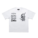 A white short-sleeve t-shirt with a black graphic print on the front. The graphic features the text 'Established 83 Cookies' alongside a stylized. monogram logo. By Fresh N Fitted.