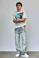 First Row 'Allover Rhinestone' Flare Fit Denim in Medium Stone Tint