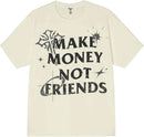 An beige short-sleeve t-shirt with a distressed black graphic print that reads 'MAKE MONEY NOT FRIENDS' accompanied by a stylized cross and starburst details. By fresh n fitted.