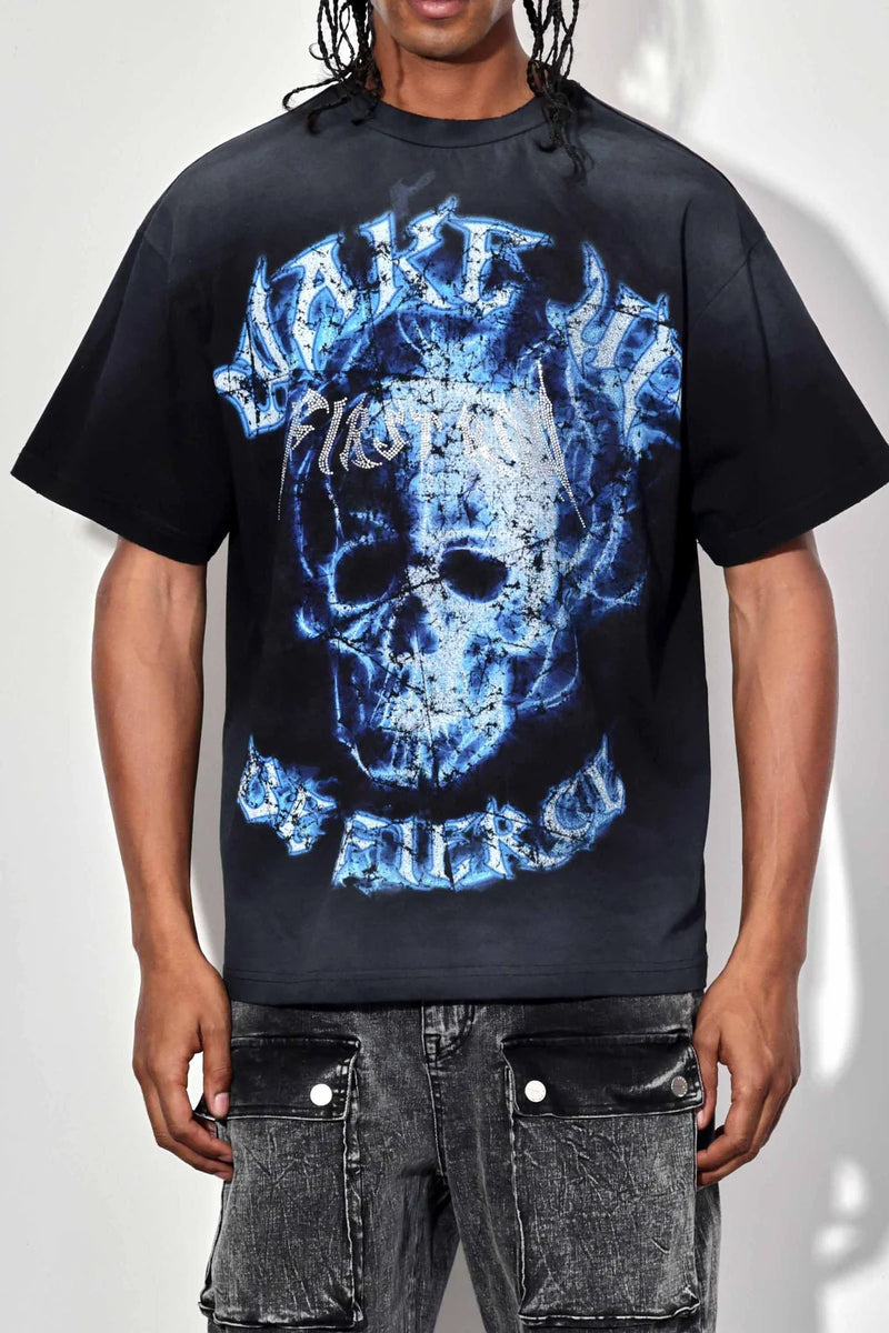 First Row 'Wake Up And Be Fierce' Flame Skull Washed T-Shirt (Black) FRT2157A