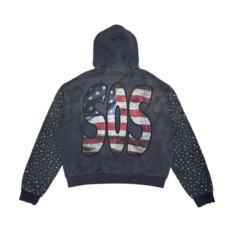 Rare Peace 'SOS' Oversized Rhinestone Cropped Hoodie (Dark Grey) RK5032