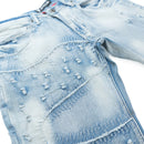 Close-up of light blue distressed denim shorts on a white background. By Fresh N Fitted