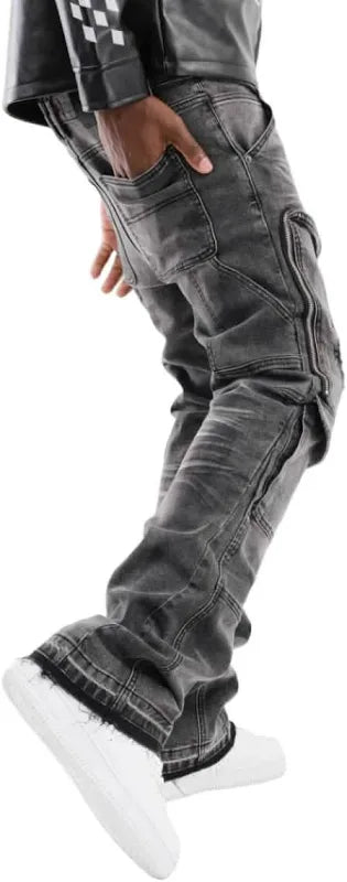 Copper Rivet 'Carpenter' Front Zipper Pocket Flare Denim (Washed Black) 533018 - FRESH N FITTED