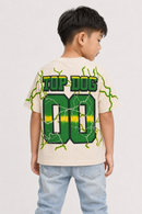 A child wearing a cream-colored t-shirt with a green and yellow 'TOP DOG DOG' graphic on the back, paired with light blue jeans, shown from behind against a light gray background.