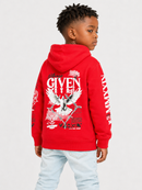 A child model shown from the back wearing a bright red Givenchy hoodie with a large white graphic print featuring an eagle and the brand name 'GIVEN BY LEI' on the back, paired with light blue jeans against a light gray studio background.