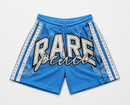 Blue mesh athletic shorts with white and silver studded side panels and a large front graphic reading 'RARE peace' in white, black, and silver script. By Fresh N Fitted