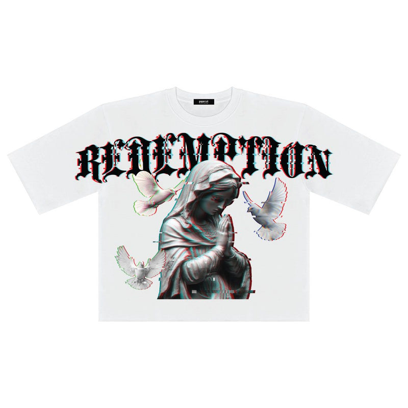 Papercut 'Redemption' Oversized Digital Cropped T-Shirt (White) - FRESH N FITTED