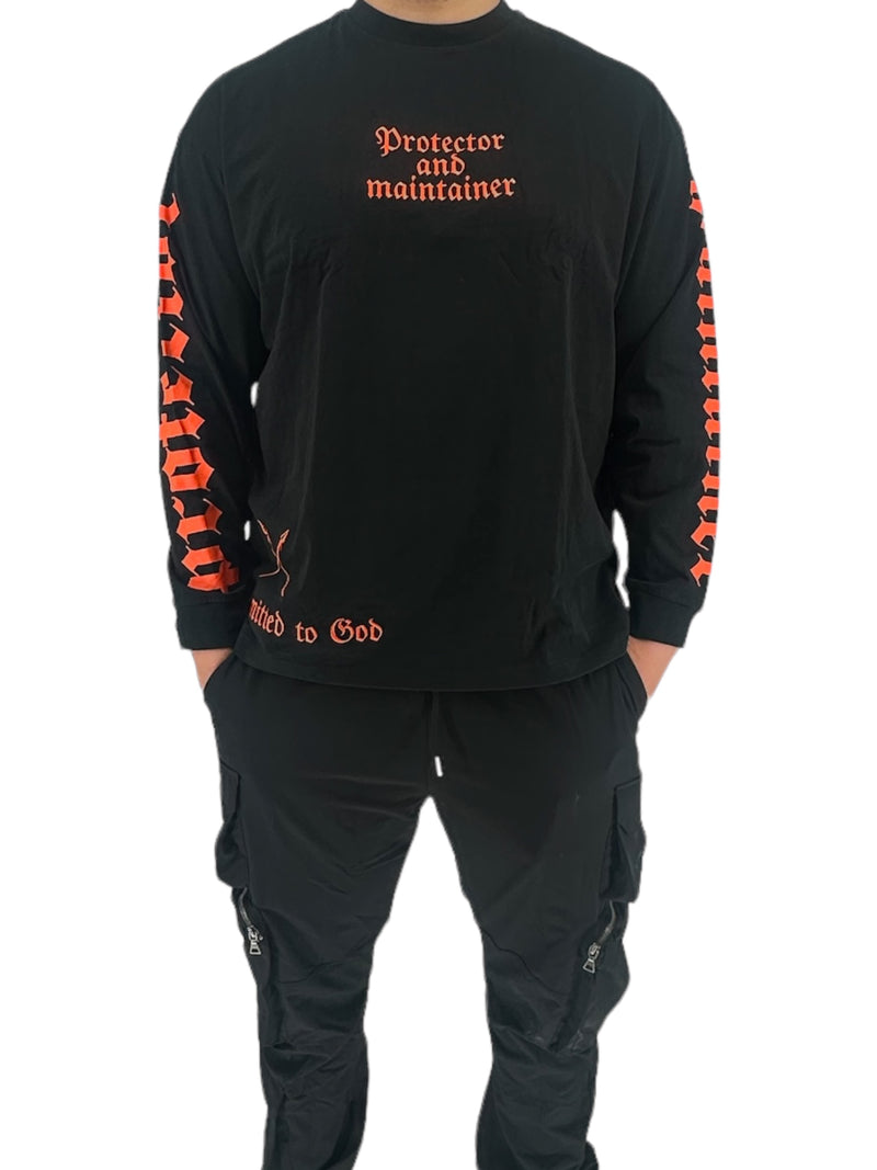 Protector and Maintainer 'Submitted to God' Long Sleeve T-Shirt (Black/Orange)